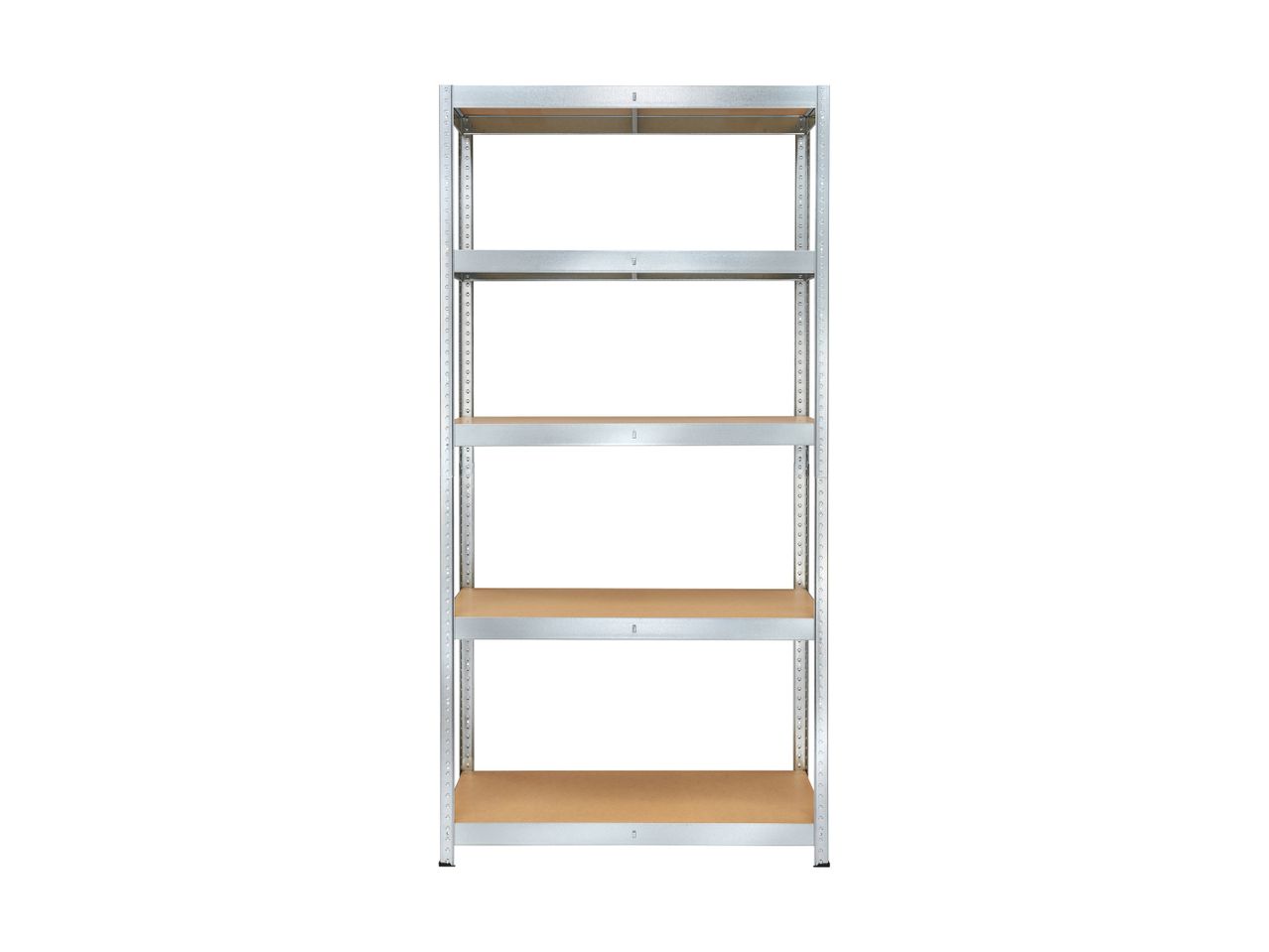 A tall, five-shelf metal storage rack with light brown wooden shelves on a white background.