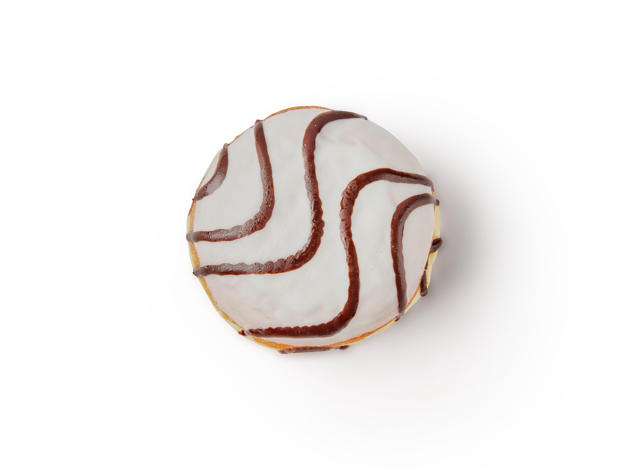 Donut mit weißer Glasur und Schokoladenstreifen.