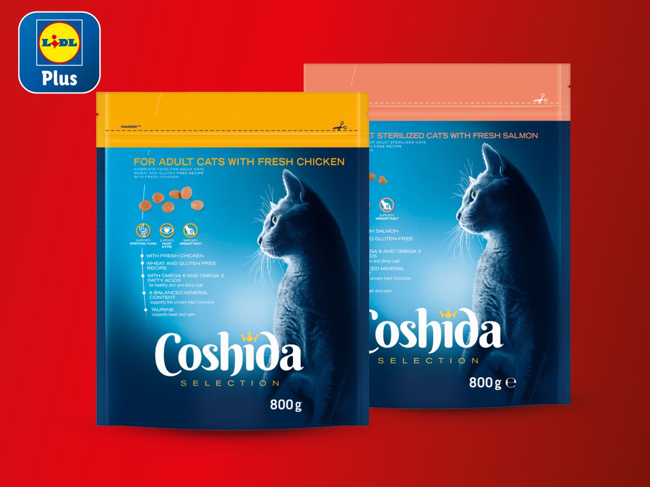 Dvije vrećice hrane za mačke Coshjoda, promotivna ponuda u Lidlu.