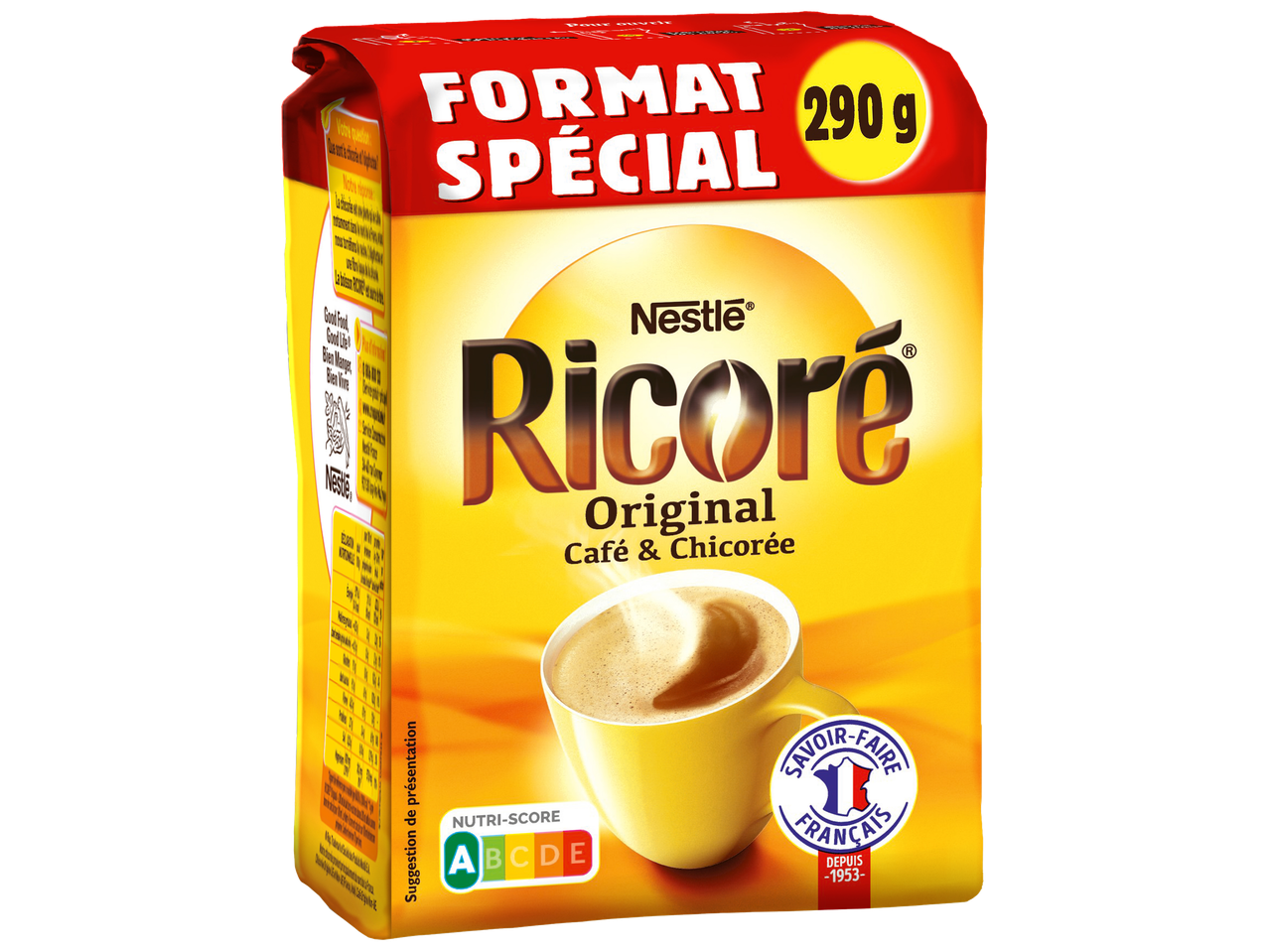 Paquet de café et chicorée de 290g, avec la mention 'FORMAT SPÉCIAL' et un Nutri-Score A.