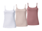 Tre camisole toppe i hvid, beige og rosa, med tynde stropper og en glat finish.