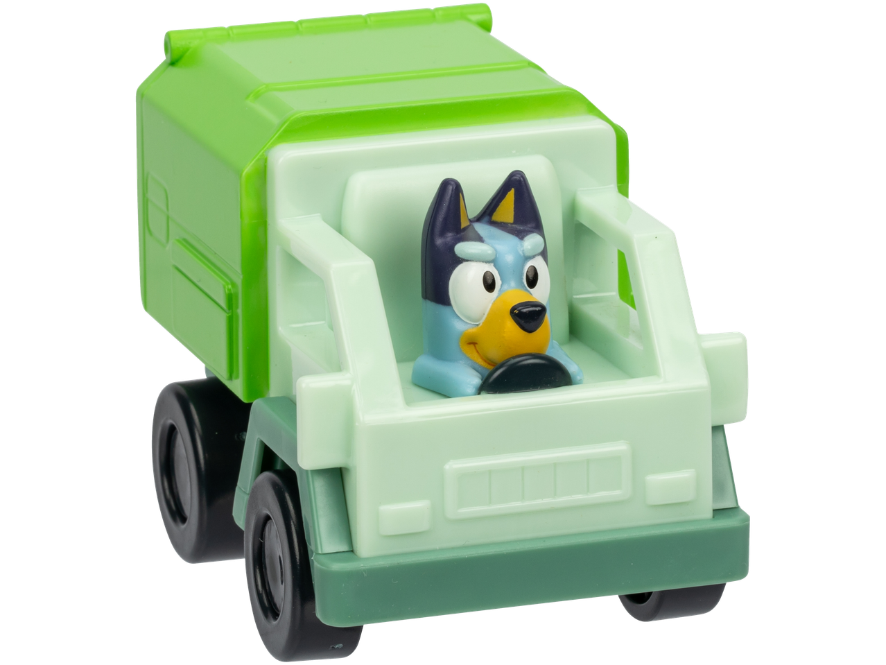 Bluey Bingo žaislas žaliame šiukšliavežyje.