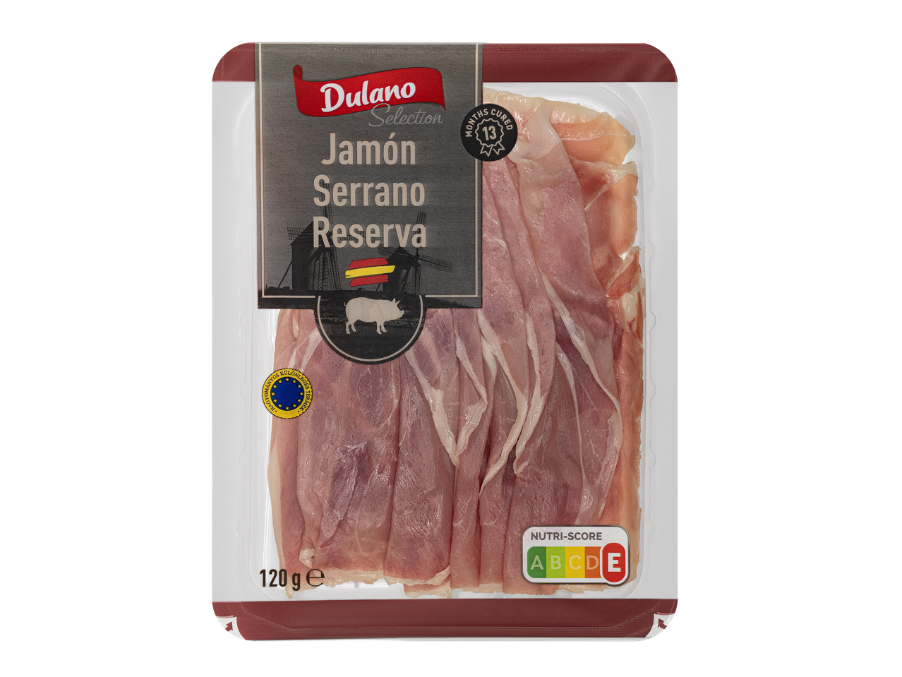 Szeletelt serrano sonka, 13 hónapig érlelt, 120 g-os kiszerelésben, E Nutri-Score jelöléssel.