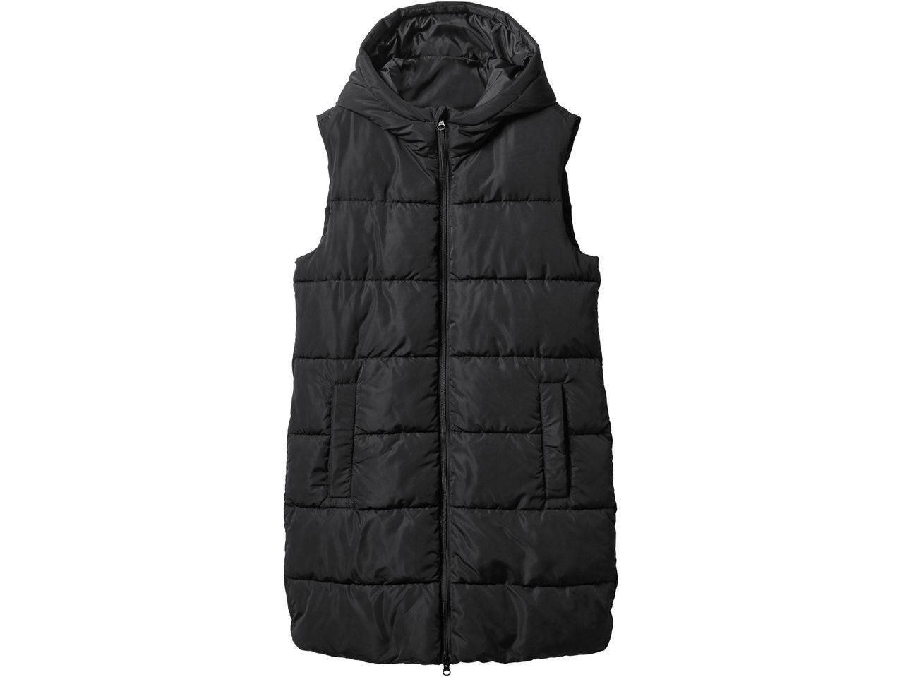 Gilet lungo imbottito nero con cappuccio e cerniera