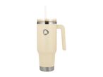 Cream-colored insulated tumbler with a handle, a clear lid, and a straw.