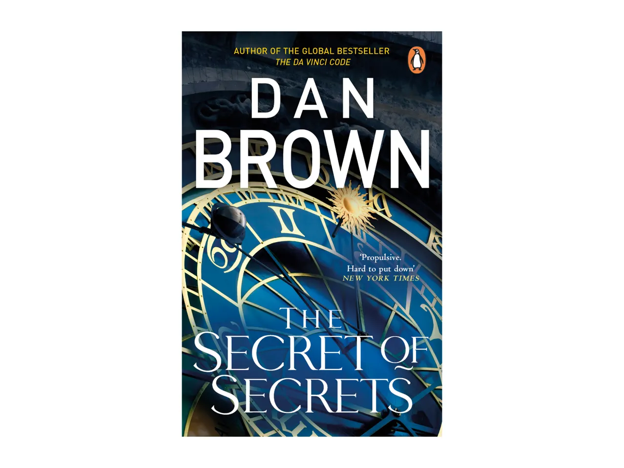 Book cover for 'The Secret of Secrets' by Dan Brown, featuring a blue and gold clock face.