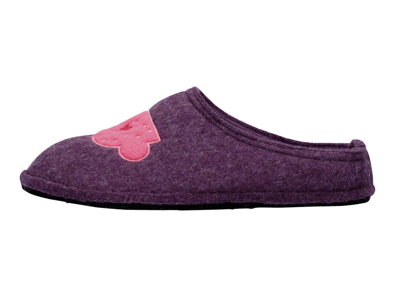 A purple slipper with a pink heart design on the toe.