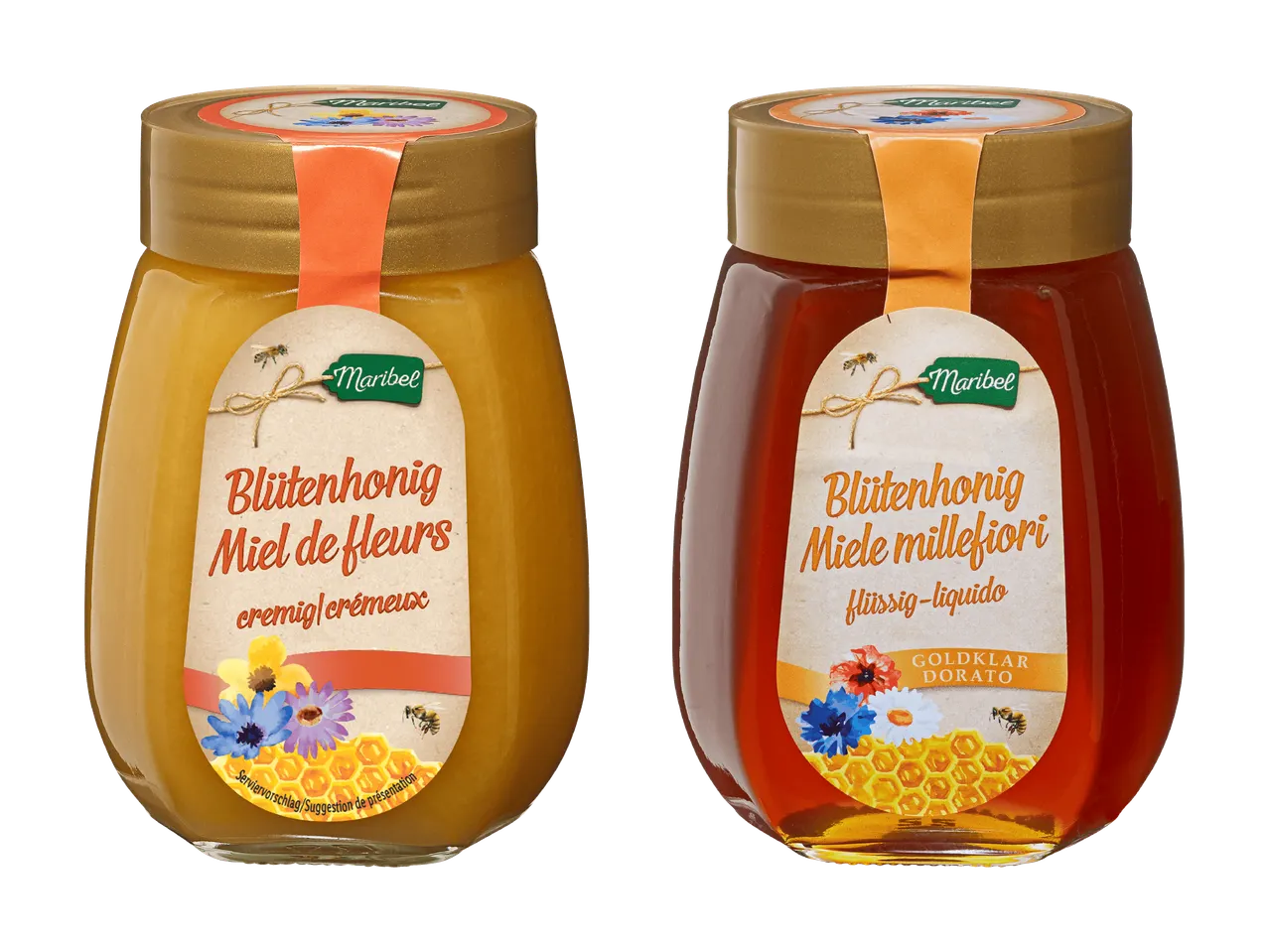 Deux pots de miel de fleurs, l'un crémeux et l'autre liquide, avec des étiquettes à thème floral.