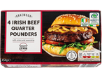 Packaging for four Irish beef quarter pounders with onion and seasoning, showing a cooked burger.