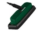 Green and black pressure washer brush attachment with bristles, angled upwards.