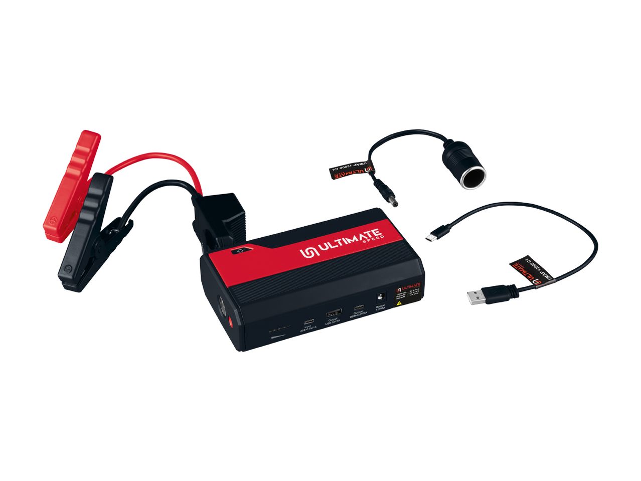 Portable jump starter with battery clamps, USB-C, USB-A, and 12V output ports, and charging cables.