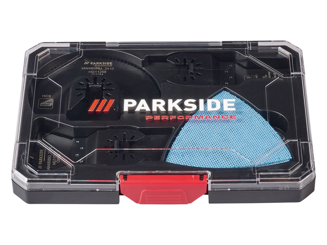 Parkside Performance oscillating tool accessory set in a clear case