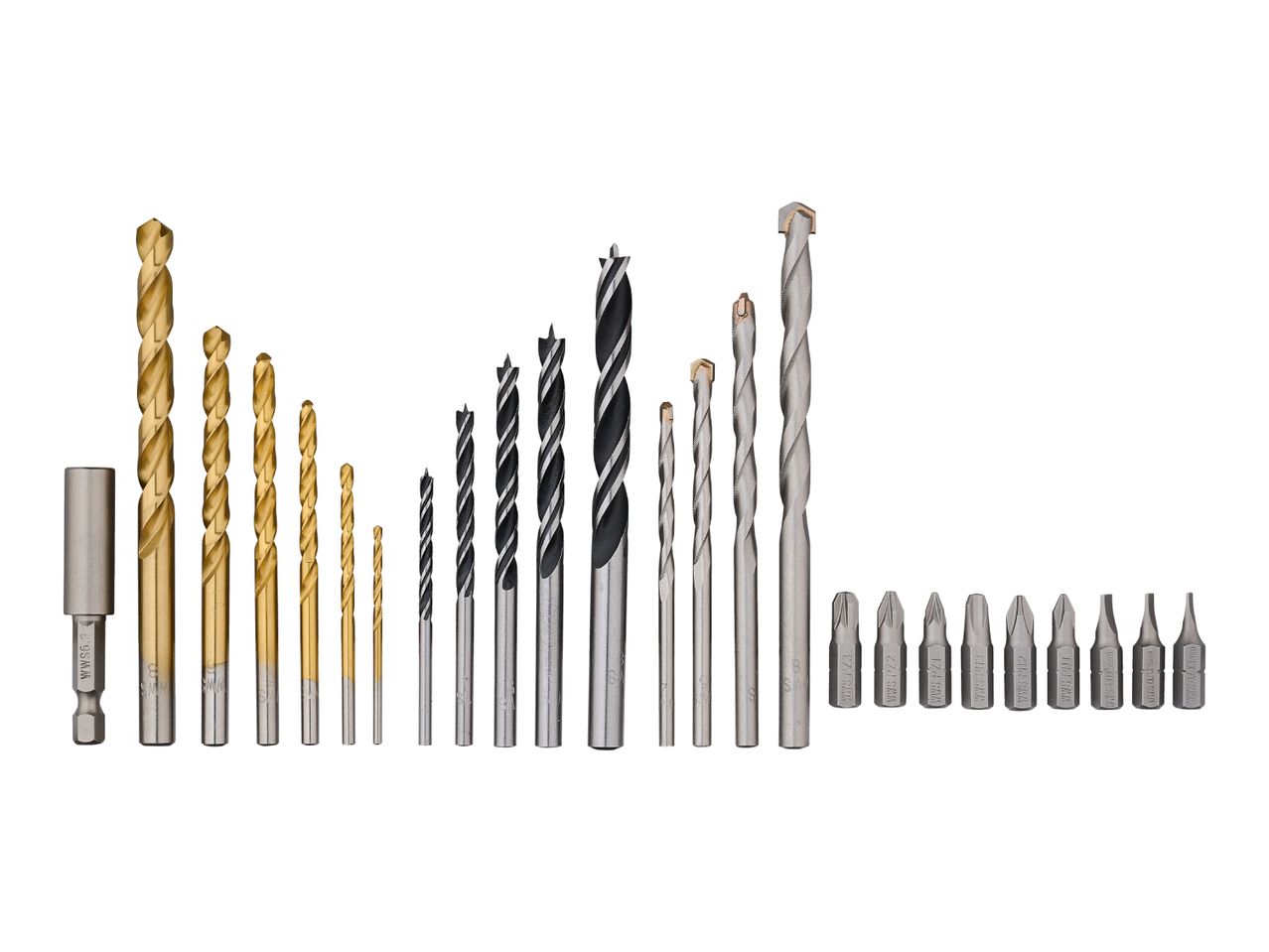 Assortment of drill bits and screwdriver bits, including gold-colored, black, and gray types.