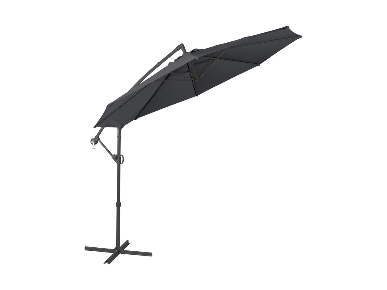 Dark grey cantilever parasol with an adjustable arm and cross base