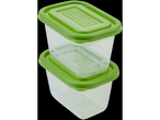 Two stackable, translucent plastic food containers with bright green lids.