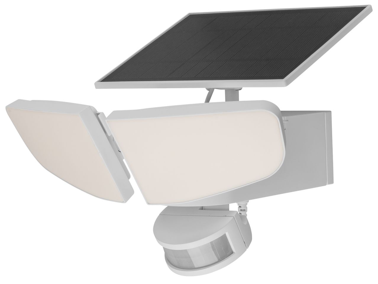 Бял соларен LED прожектор със сензор за движение и две регулируеми LED светлини.