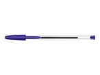 A blue ballpoint pen with a clear barrel, shown horizontally on a white background.