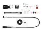 Rotary tool accessory set with various grinding, polishing, and drilling bits, flexible shaft, and clamp.