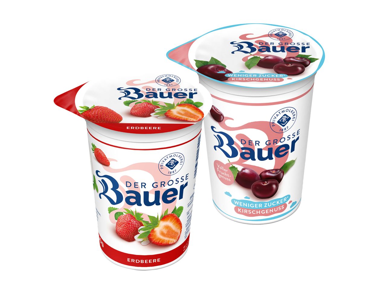 Drei Becher Bauer Joghurt mit Erdbeer- und Kirschgeschmack.