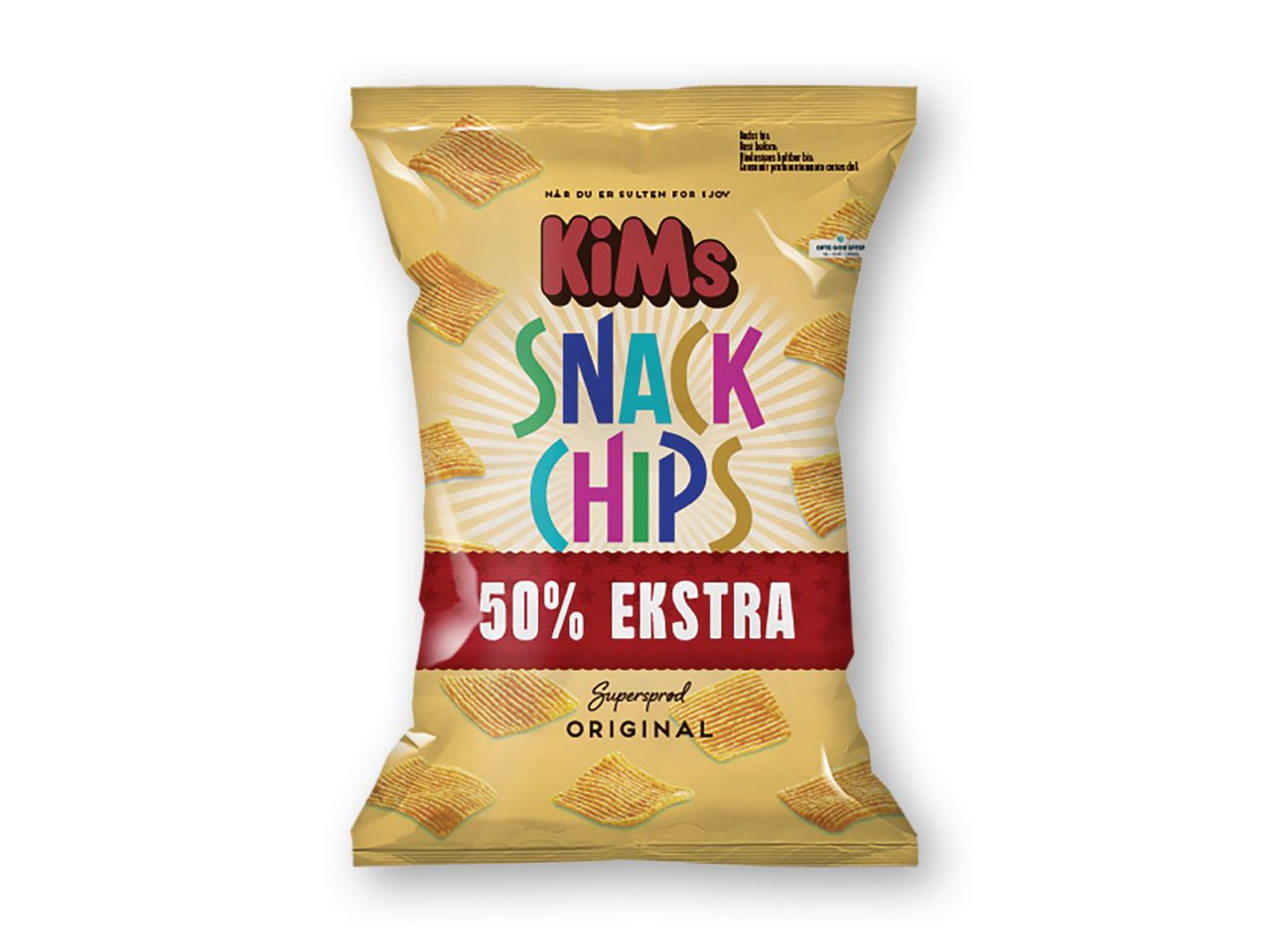 En pose KiMs Snack Chips med 50% ekstra chips.