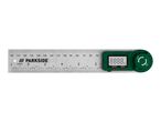 A digital angle ruler with a green body and a silver metal ruler, displaying 888.8 degrees.