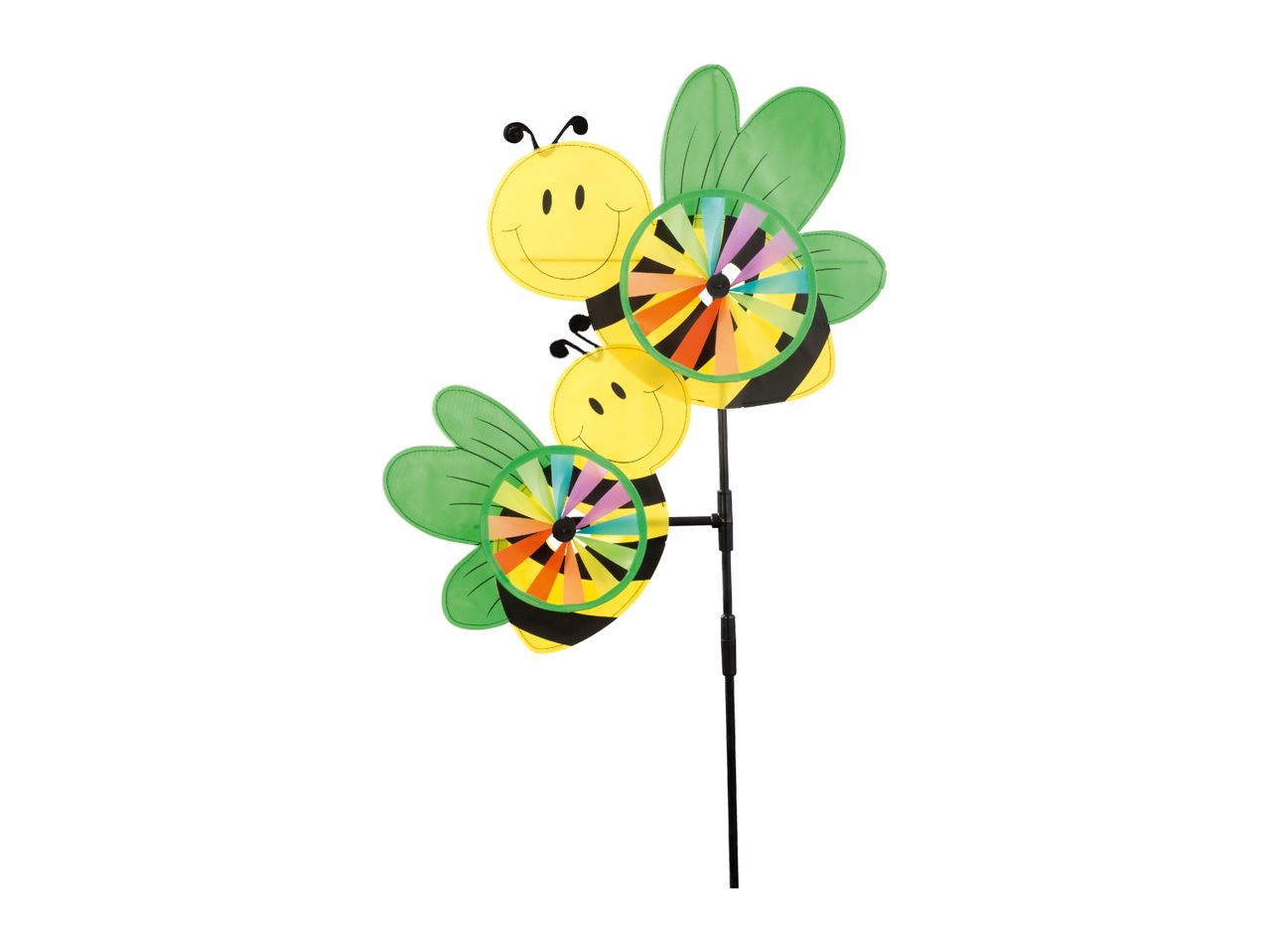 Two bee-shaped garden wind spinners with colorful pinwheels on a black pole.