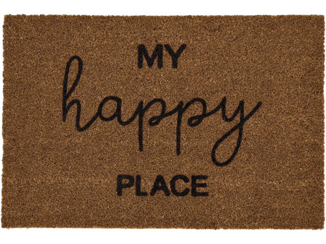 Rjav predpražnik s črnim napisom 'MY happy PLACE'.