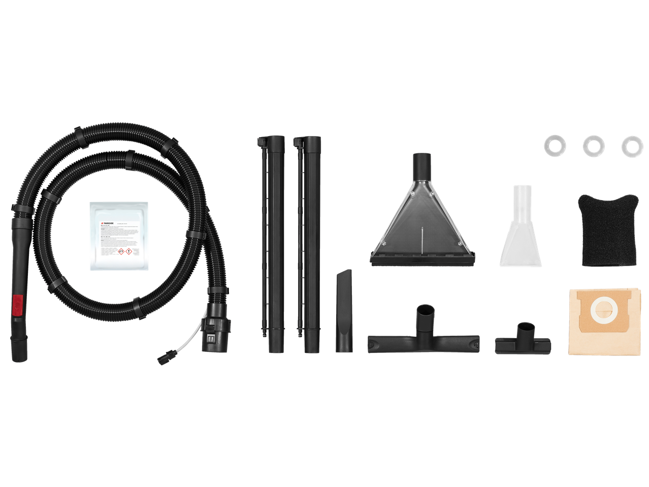 Parkside® 1600W Carpet Cleaner accessories: hose, extension tubes, nozzles, filters, and cleaning solution.