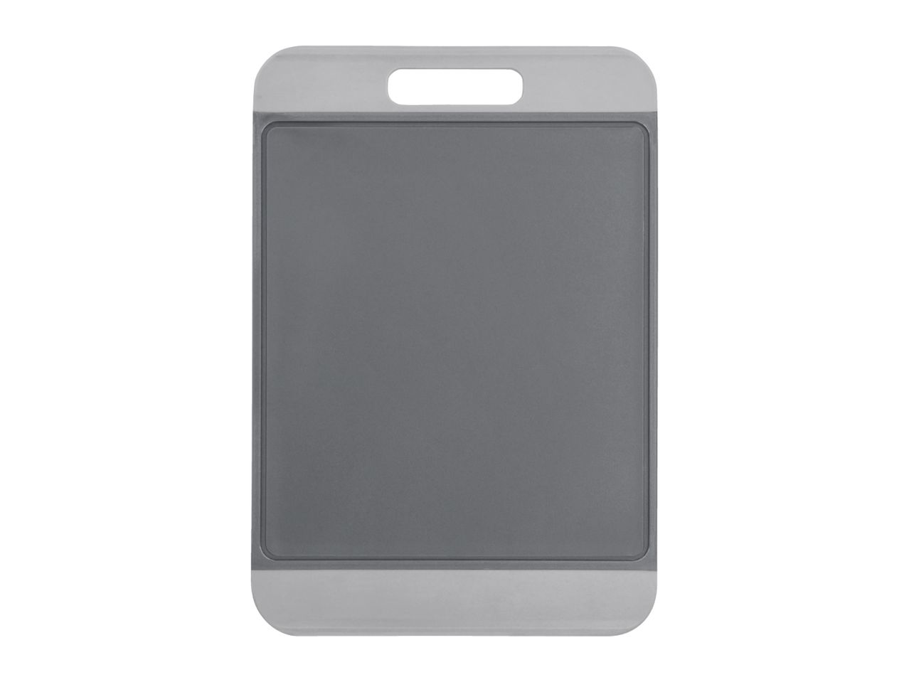 Grey and white plastic cutting board with a handle