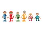 Six wooden toy figures representing a family, including parents, grandparents, and children.