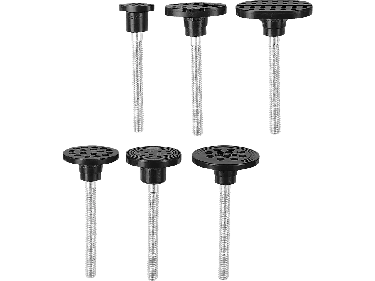 Six black plastic dent repair pulling tabs with threaded metal rods.