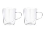 Two clear double-walled glass mugs with handles