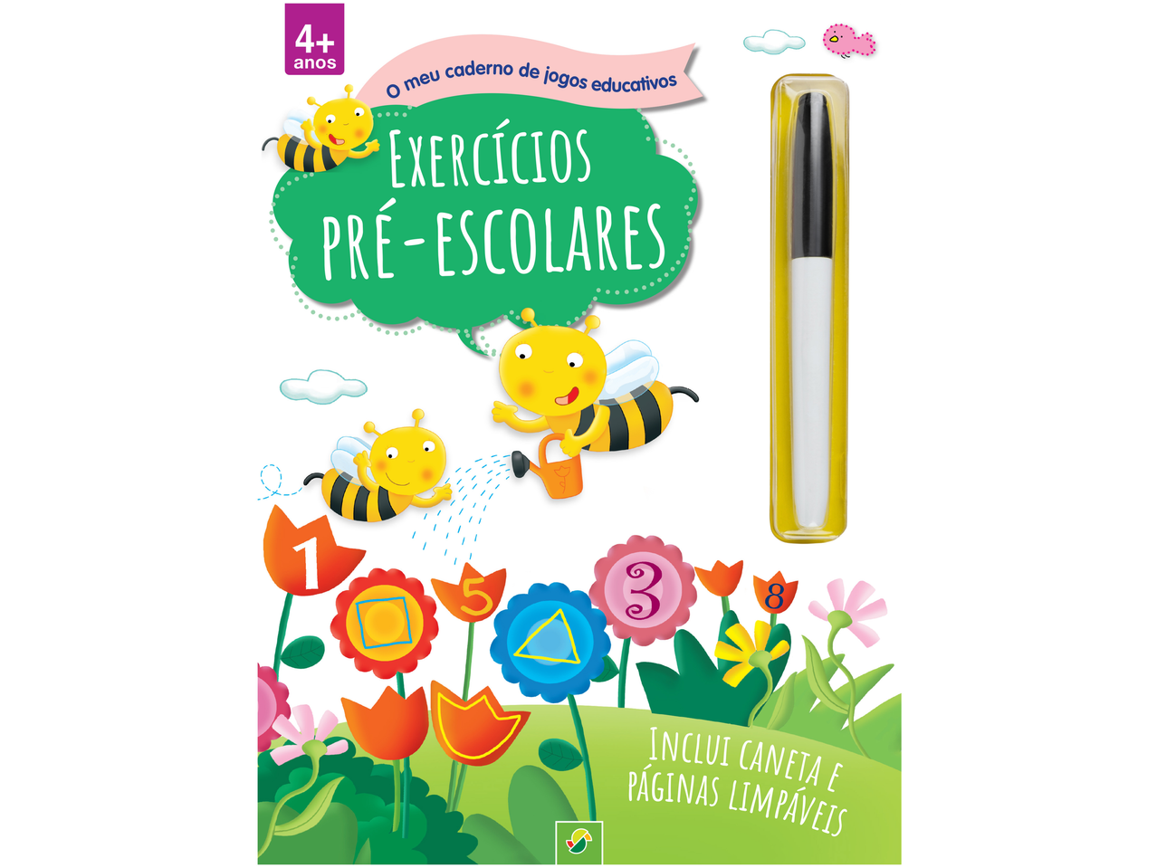 Caderno de exercícios pré-escolares com caneta e páginas limpáveis, para crianças 4+ anos.