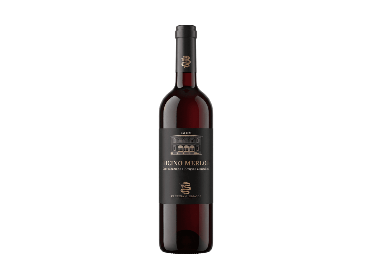 Rotweinflasche mit schwarzem und goldenem Etikett, Aufschrift „TICINO MERLOT“