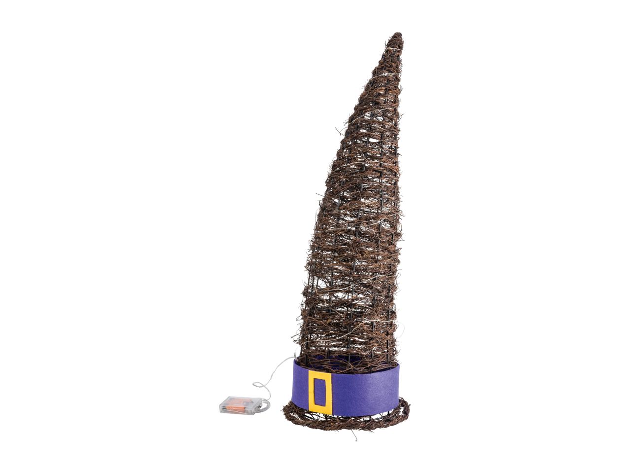 Light-up decorative witch's hat made of woven twigs with a purple band