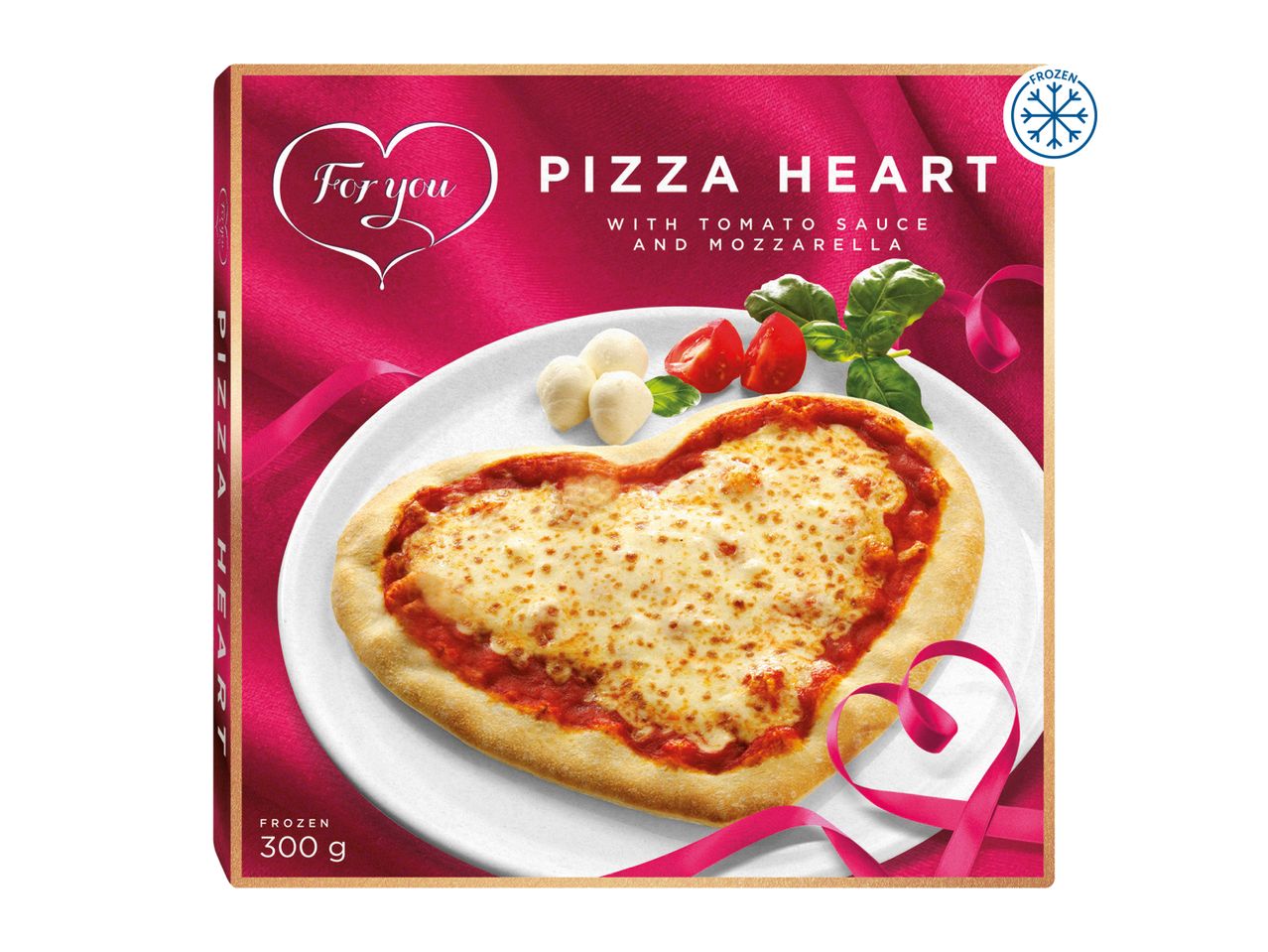 Frozen heart-shaped pizza with tomato sauce and mozzarella, 300g, on a pink background.