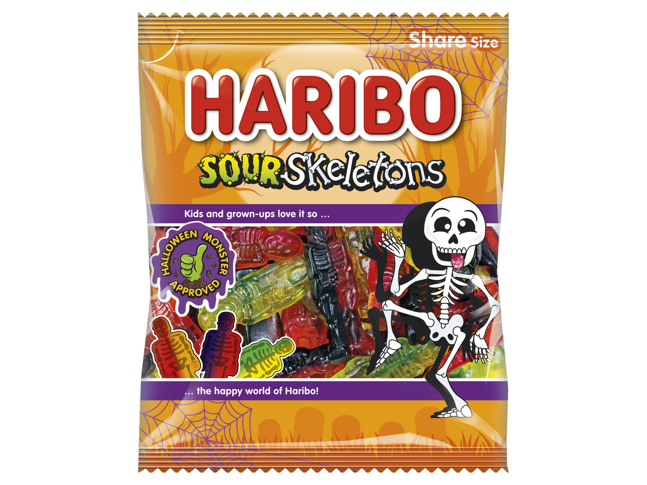 Haribo Sour Skeletons candy bag, featuring a skeleton character and Halloween-themed graphics.