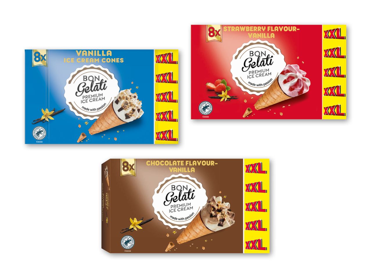Tre pakker isvafler: vanilje, jordbær-vanilje og chokolade-vanilje, alle med 8 XXL-vafler.