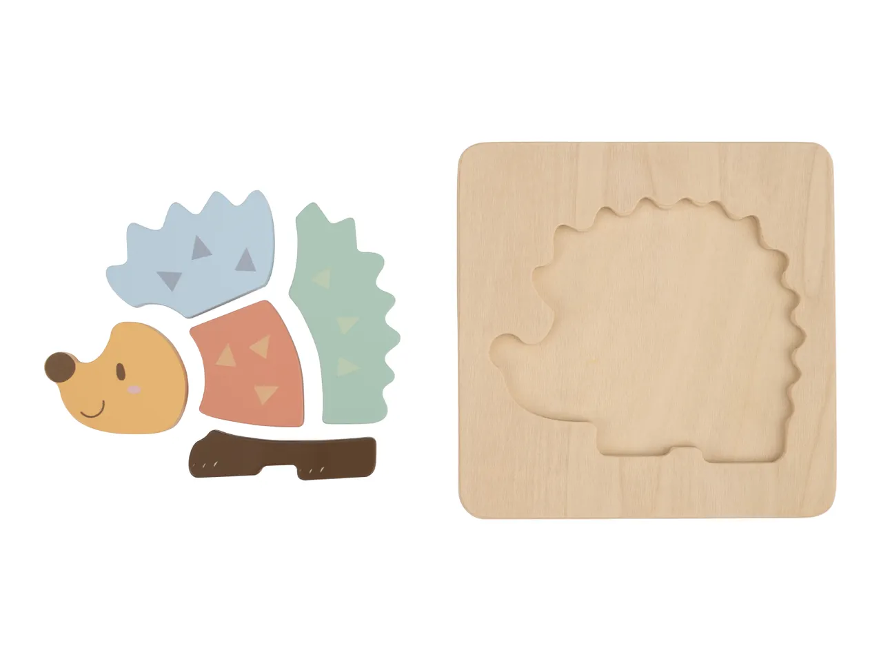 Wooden hedgehog puzzle with colorful pieces and a matching wooden board.
