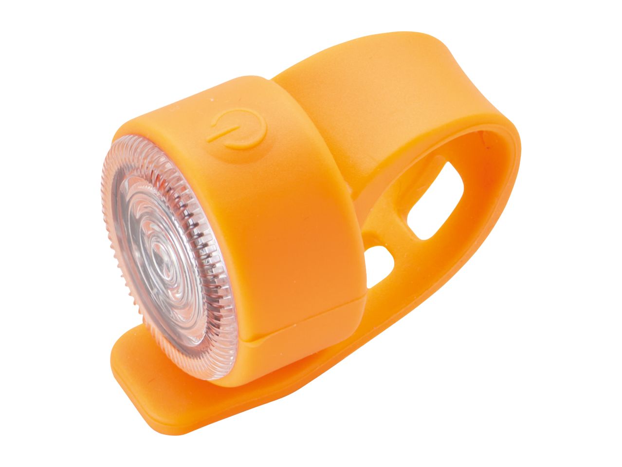 An orange silicone bike light with a power button.