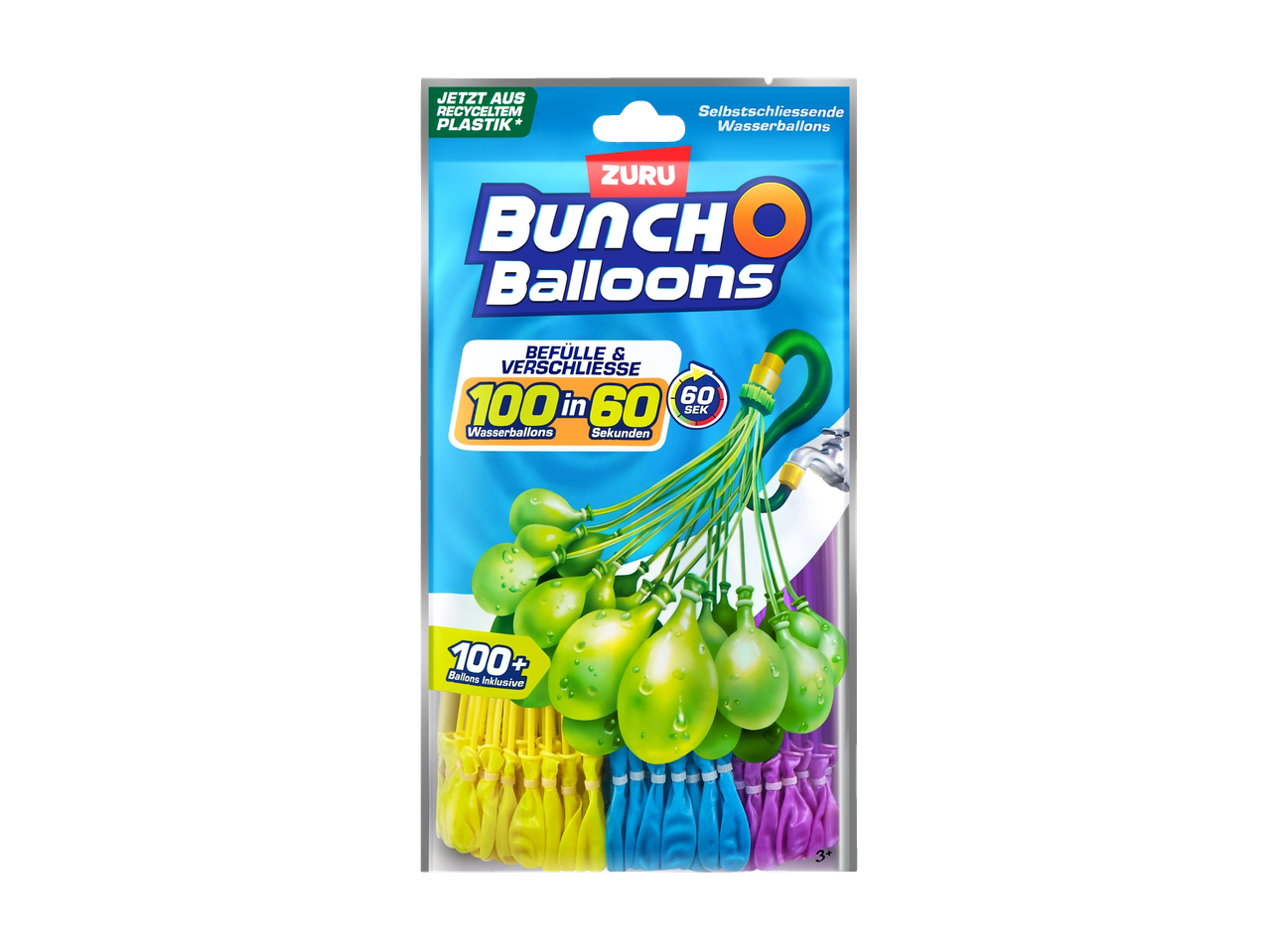 Packaging for self-sealing water balloons, 100+ included, filling in 60 seconds, made from recycled plastic.