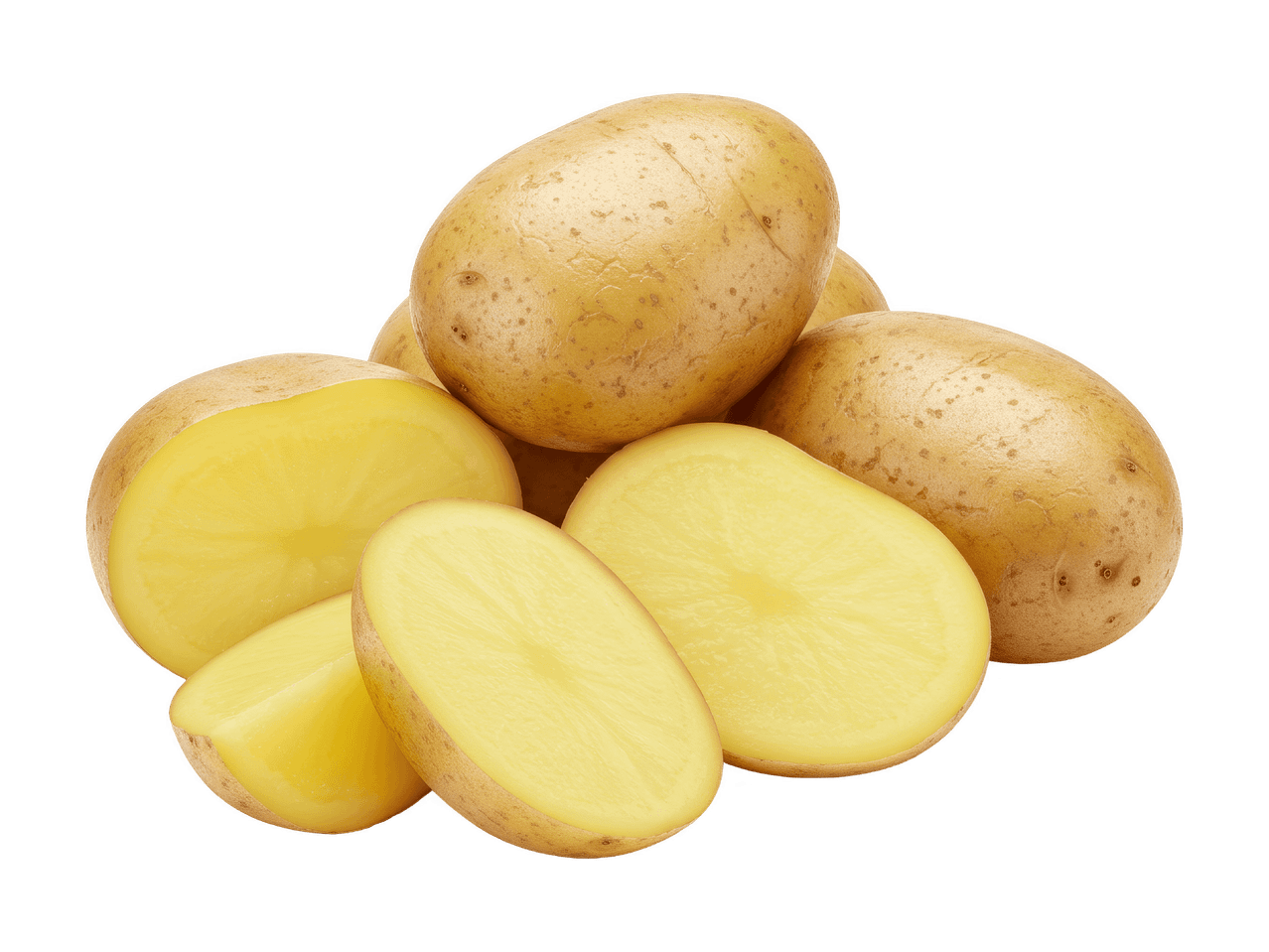 Ein Haufen ganzer und geschnittener Kartoffeln mit gelbem Fruchtfleisch.