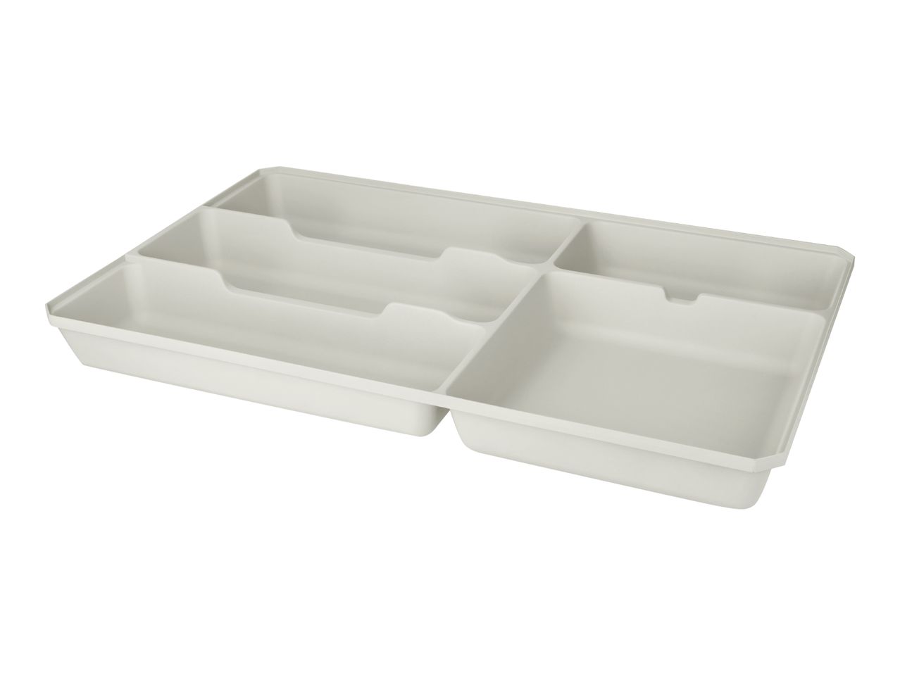 Light grey cutlery tray with multiple compartments for drawer organization.