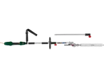 Disassembled parts of a Stihl hedge trimmer, showing the power unit, shaft, cutting bar, and shoulder strap.