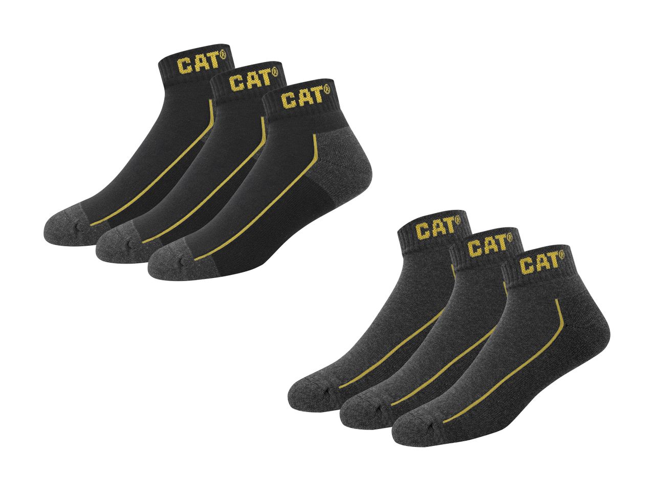 Tre par sorte og tre par mørkegrå CAT® ankelsokker med gul stribe.