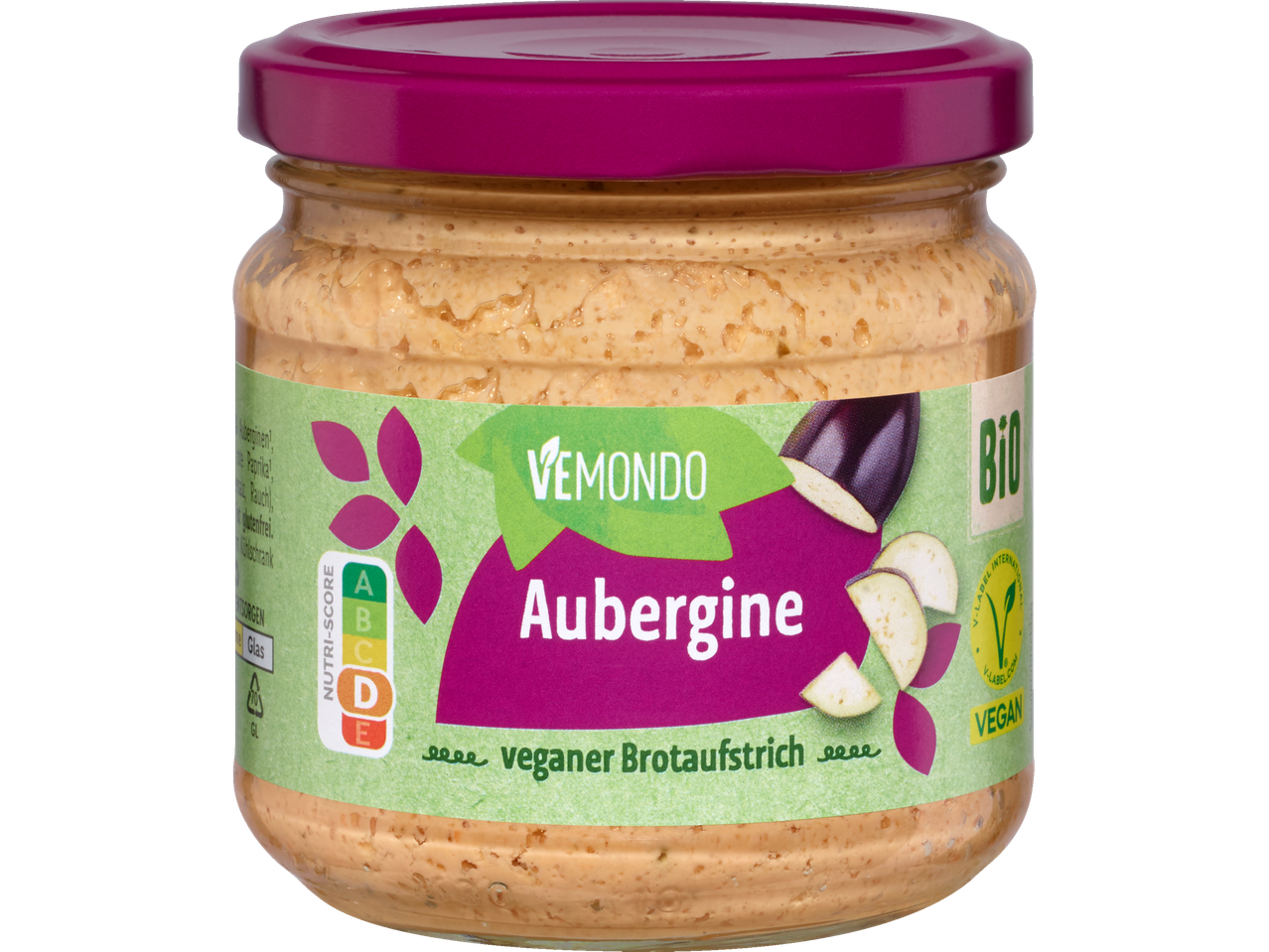 Veganer Vemondo Auberginenaufstrich im Glas.