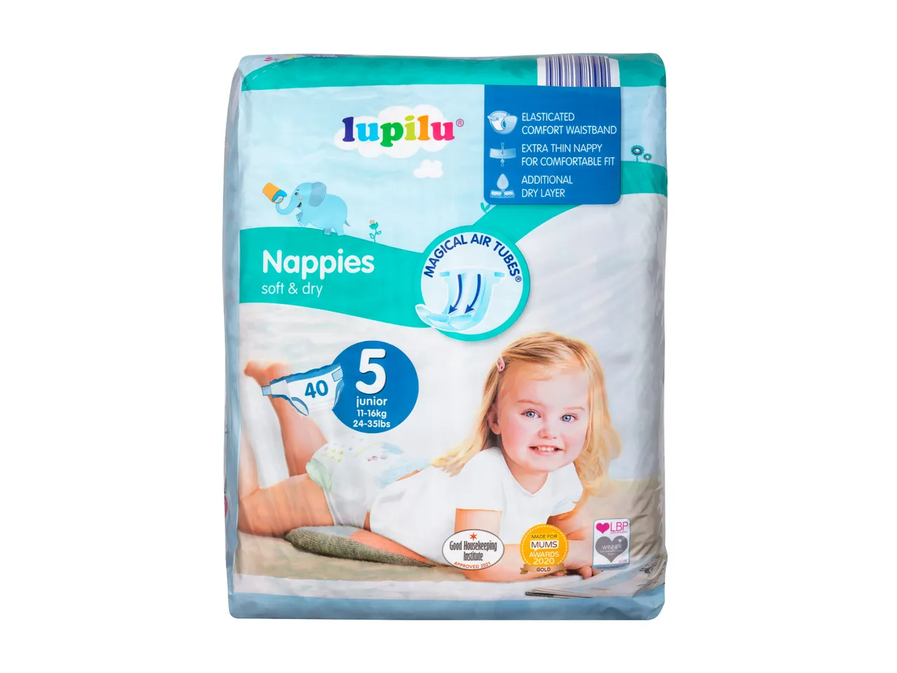 Lupilu Junior nappies, size 5, soft and dry.