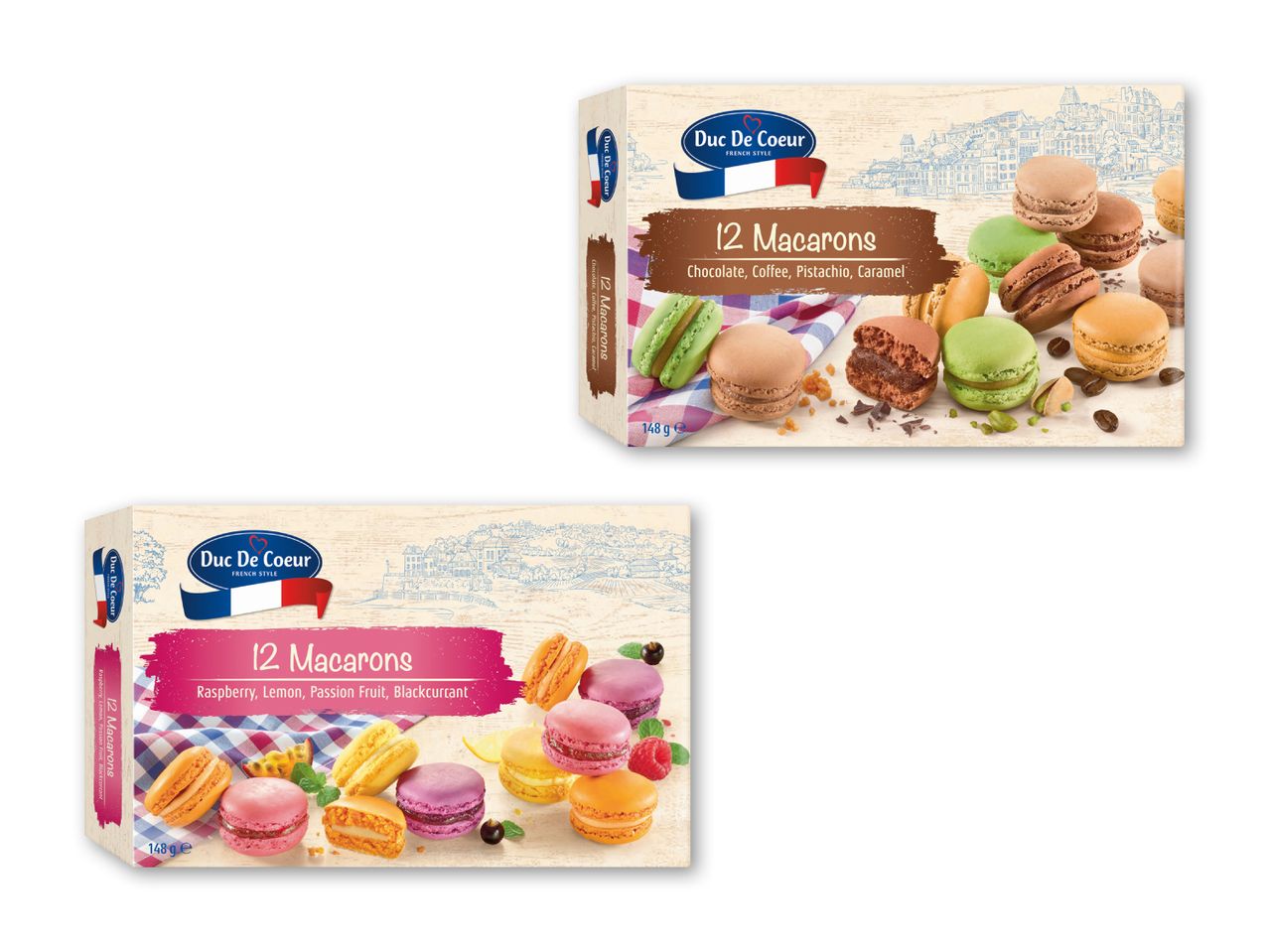 To æsker Duc De Coeur makroner: chokolade, kaffe, pistacie, karamel og hindbær, citron, passionsfrugt, solbær.