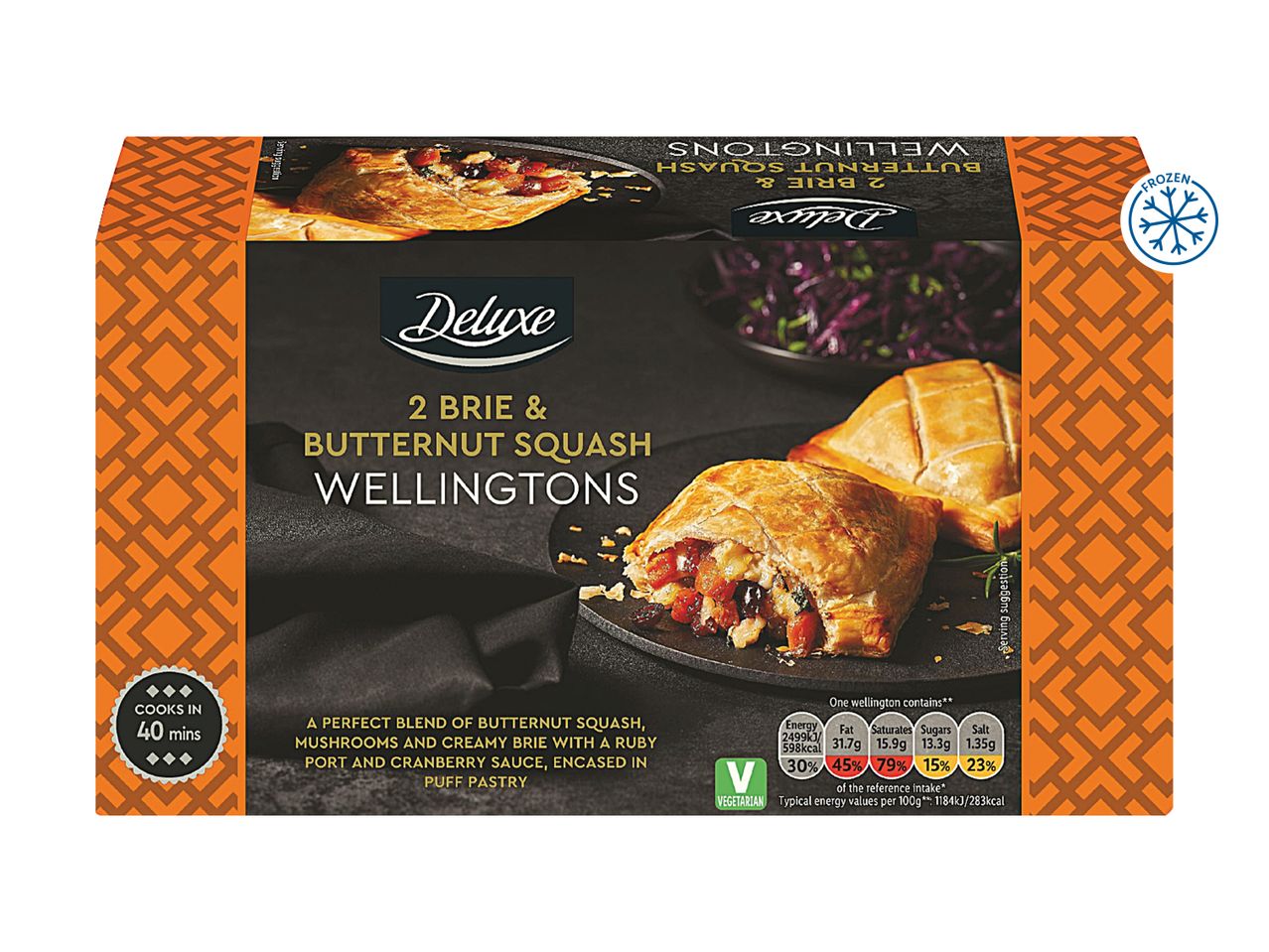 Deluxe 2 Brie & Butternut Squash Wellingtons, frozen, cooks in 40 mins, vegetarian.