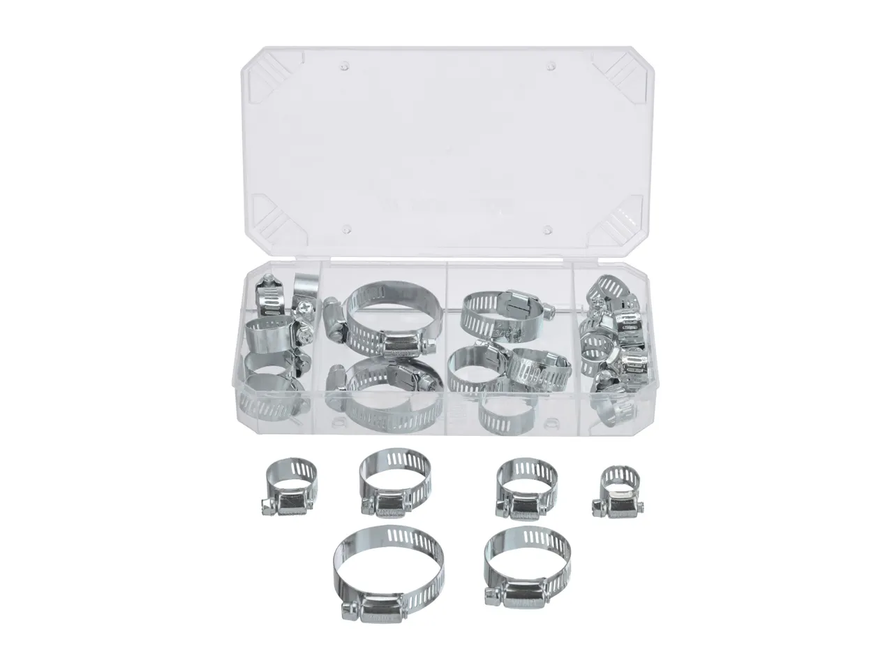 A set of assorted stainless steel hose clamps in a plastic storage case.